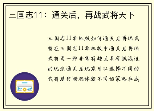 三国志11:通关后,再战武将天下